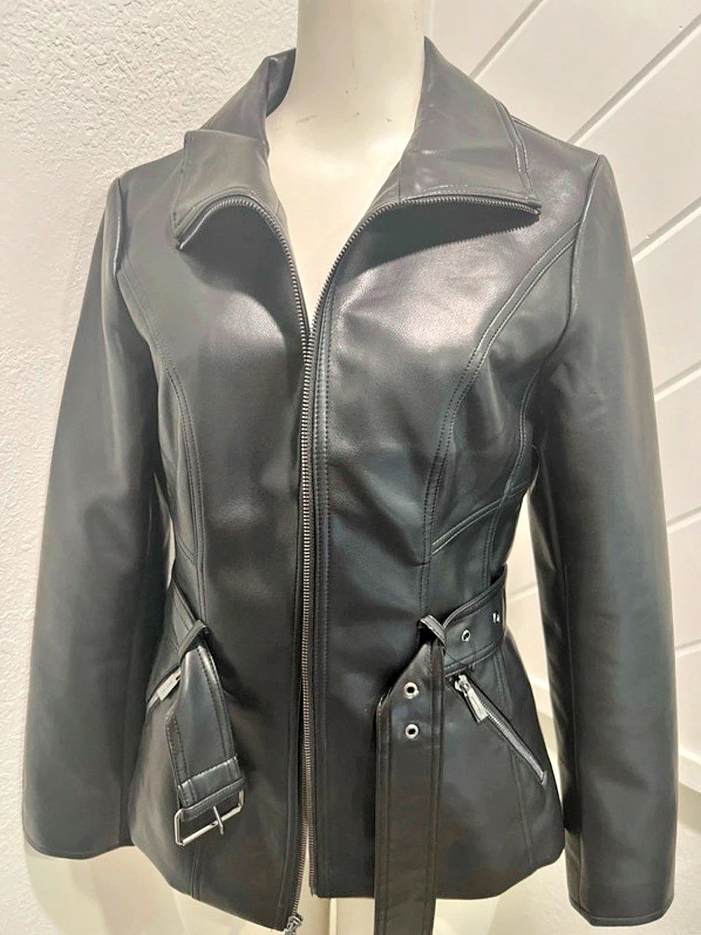 Kenneth Cole Women's Belted Faux Leather Jacket Black XS